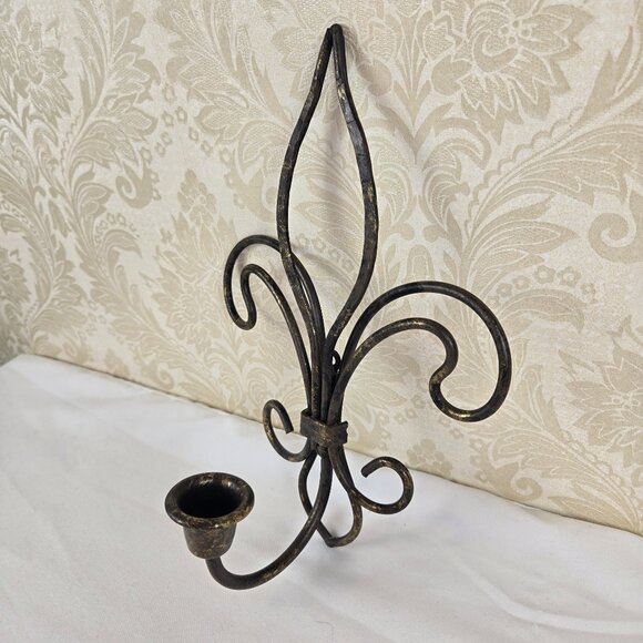 Pair of Metal Fleur de Lis Sconces Wall Hanging Black Gold Hilights Taper Candle - Picture 3 of 10